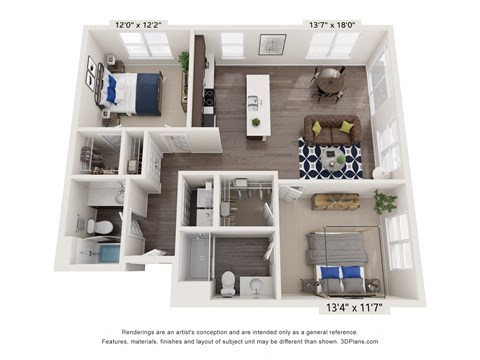 Floor plan for 2 beds, 2 baths, 1080 sqft
